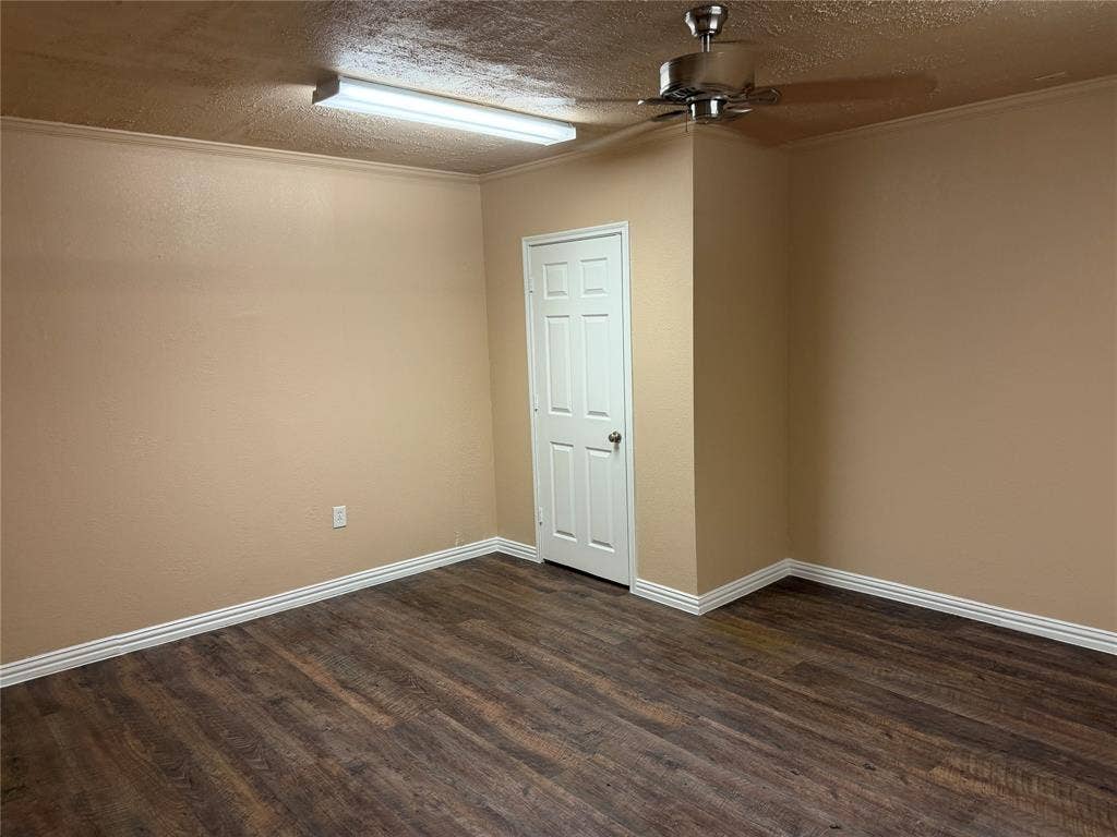 Wood-finish flooring, neutral wall paint, white trim, ceiling fan, and fluorescent lighting