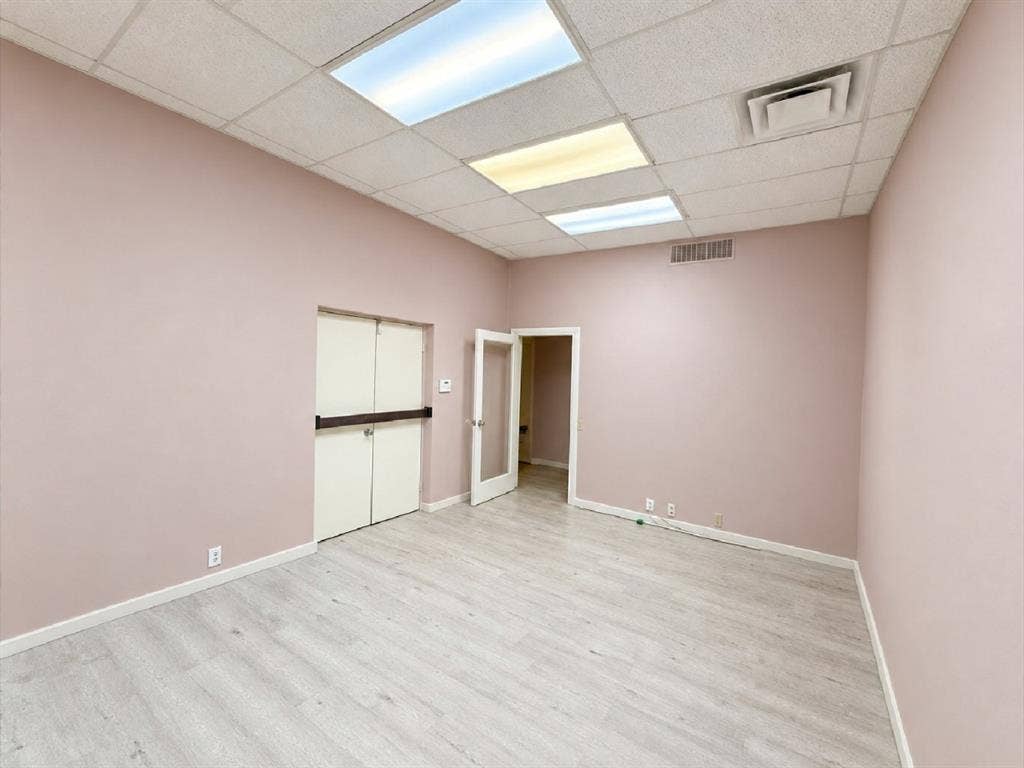 607 Cedar Street, Cedar Hill, TX 75104 Light-toned wood-finish flooring, drop ceiling with integrated lighting, dual fire-rated doors, and a glass-paneled interior door