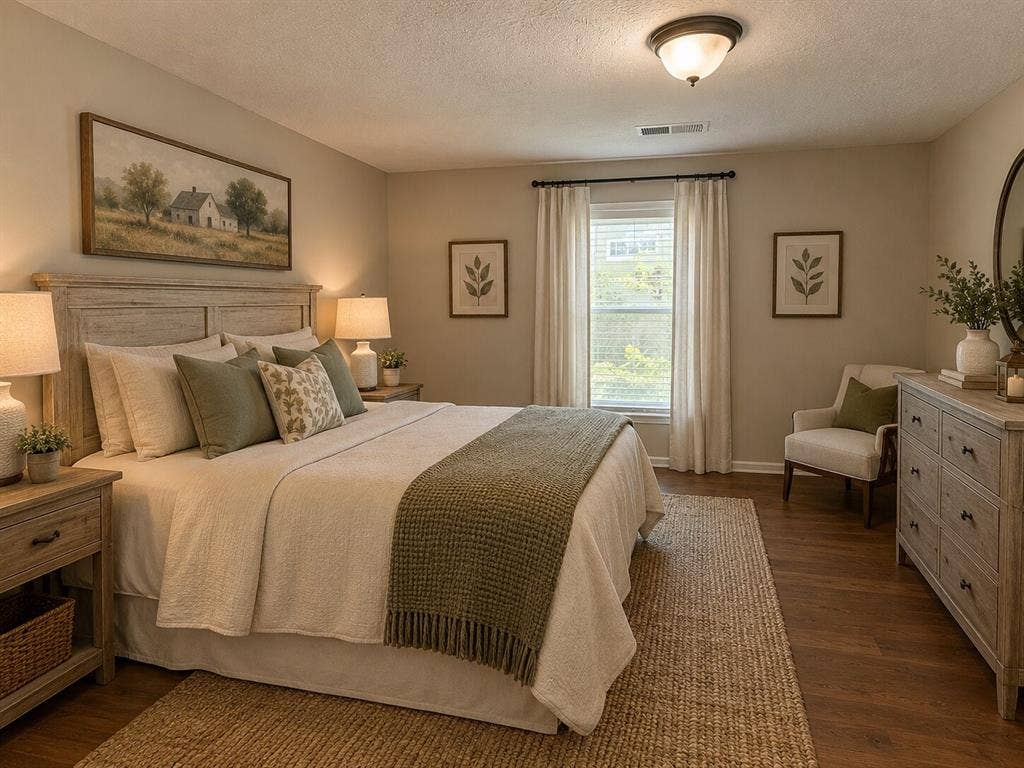 Wood-finish flooring, recessed window with blinds, and ceiling-mounted light fixture