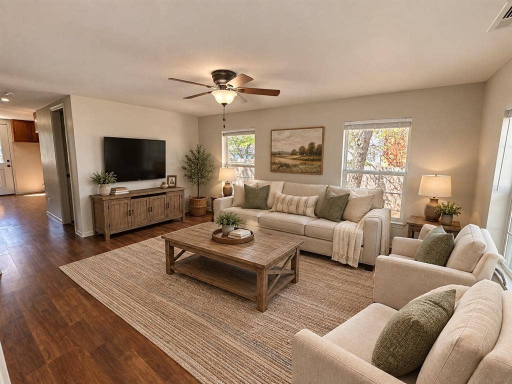 Living area featuring wood-finish flooring, light-toned wall paint, a ceiling fan with integrated lighting, and multiple windows