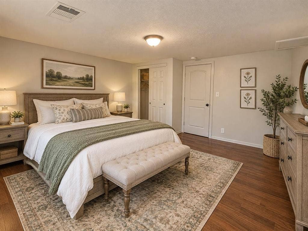 Primary bedroom suite featuring hardwood flooring, neutral wall finishes, and abundant natural lighting from multiple windows