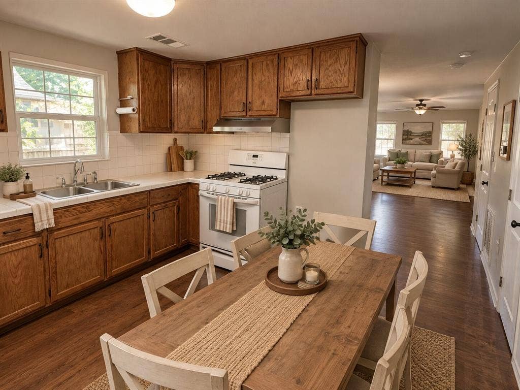 Kitchen featuring wood-finish cabinetry, white tile backsplash, and white countertops