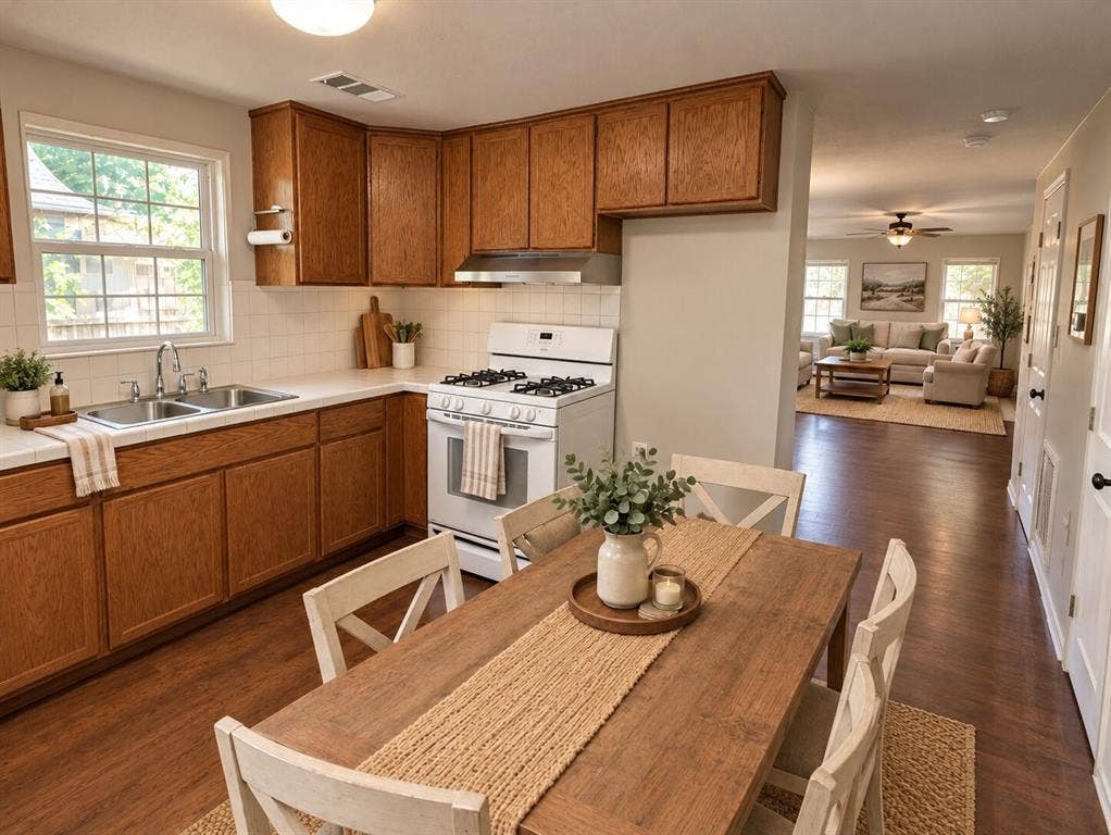 1203 N College Street, McKinney, TX 75069 Kitchen featuring stained wood cabinetry, white tile backsplash, light-toned solid surface countertops, a dual-basin stainless steel sink, and wood-finish flooring