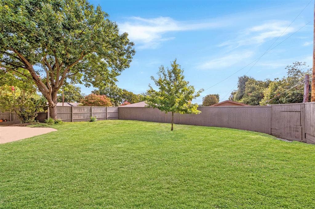11864 Cold Harbor Lane, Dallas, TX 75244 Expansive fenced backyard with mature trees, lush green lawn, and an ornamental tree, offering plenty of room to relax or play.