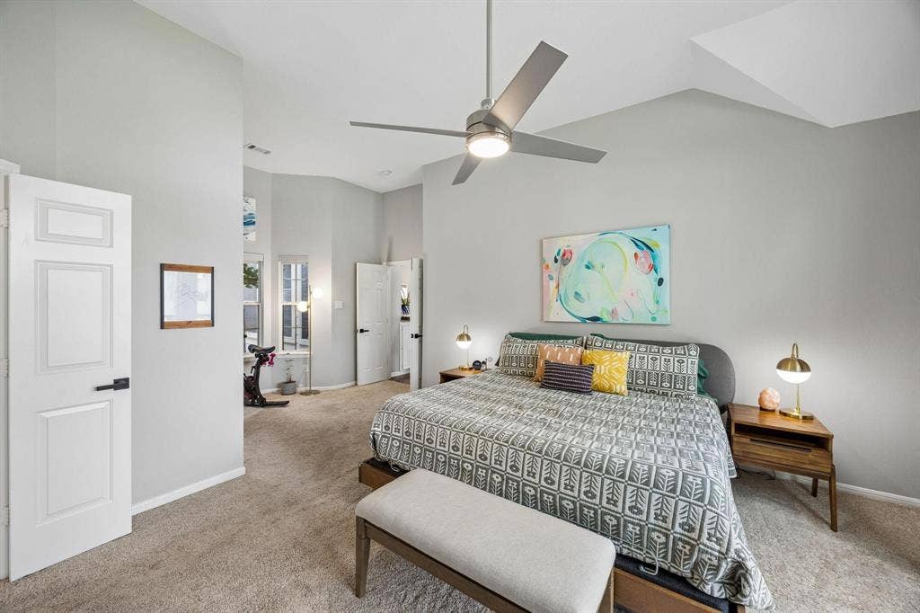3104 Congress Avenue, Plano, TX 75025 Vaulted ceiling with a contemporary ceiling fan, recessed lighting, and soft carpet flooring