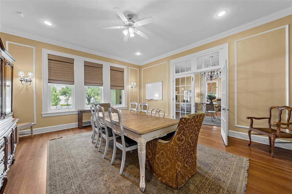 2424 Austin Avenue, Waco, TX 76701 Hardwood flooring, crown molding, recessed lighting, ceiling fan, and French doors