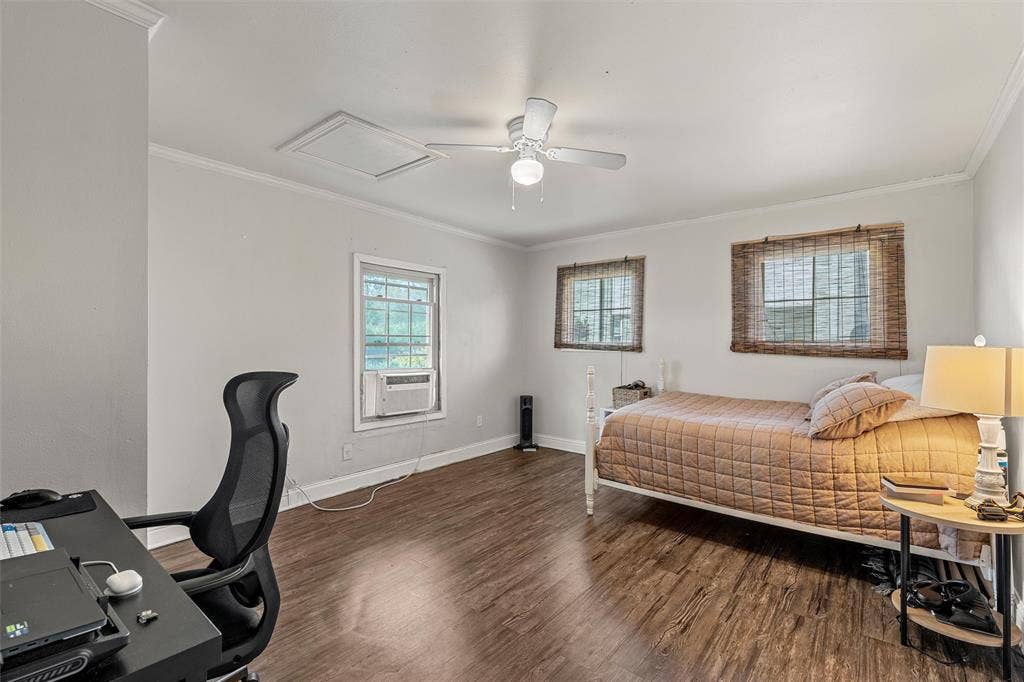 2424 Austin Avenue, Waco, TX 76701 Recessed ceiling, wood-finish flooring, white trim, ceiling fan, and multiple windows