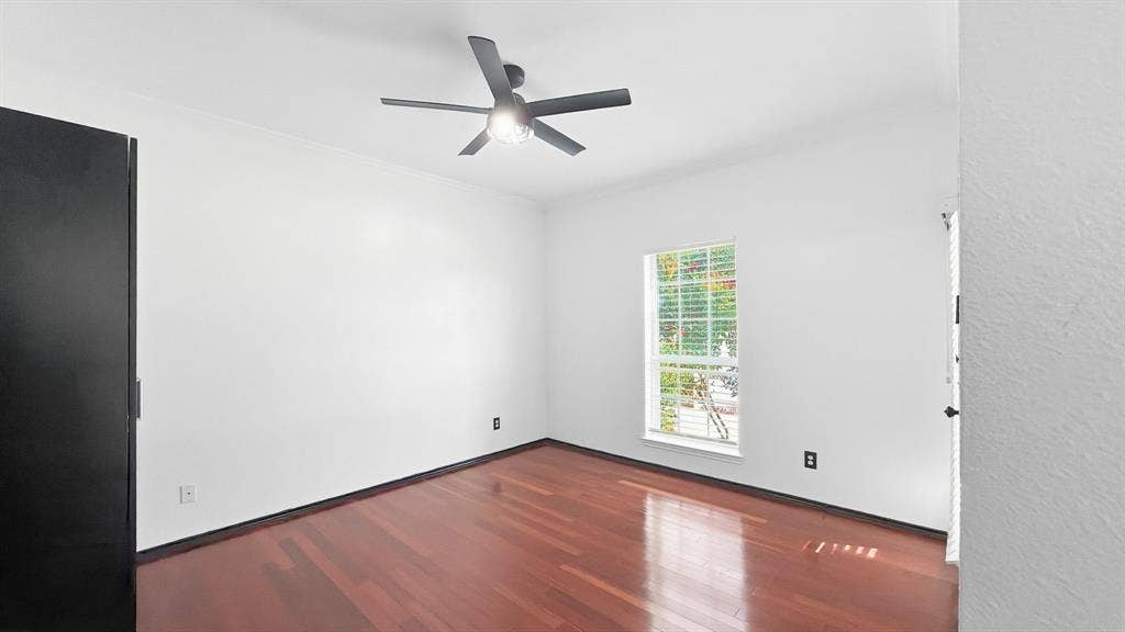 1700 Amelia Court, #126, Plano, TX 75075 Hardwood flooring, recessed lighting, ceiling fan with integrated light, white walls, and a window with blinds