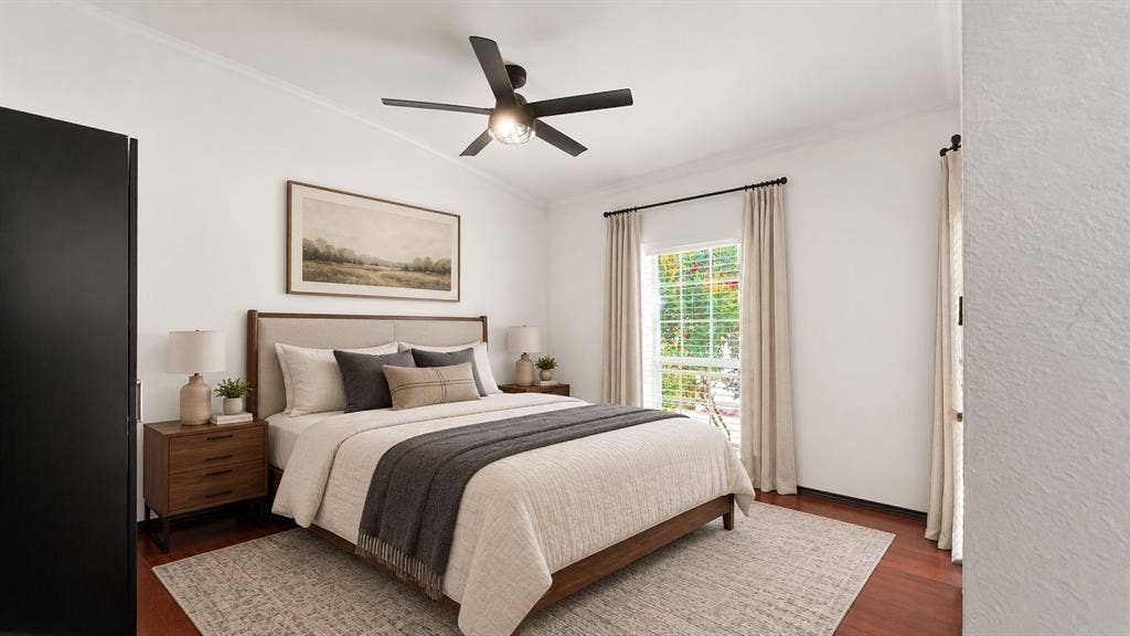 1700 Amelia Court, #126, Plano, TX 75075 Wood-finish flooring, ceiling fan with integrated lighting, and a window with white blinds Virtually Staged and door to balcony