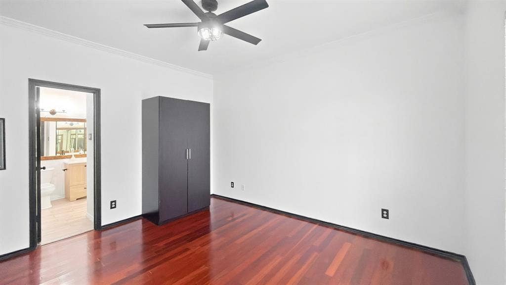 1700 Amelia Court, #126, Plano, TX 75075 Hardwood flooring, painted walls, black ceiling fan, and recessed lighting