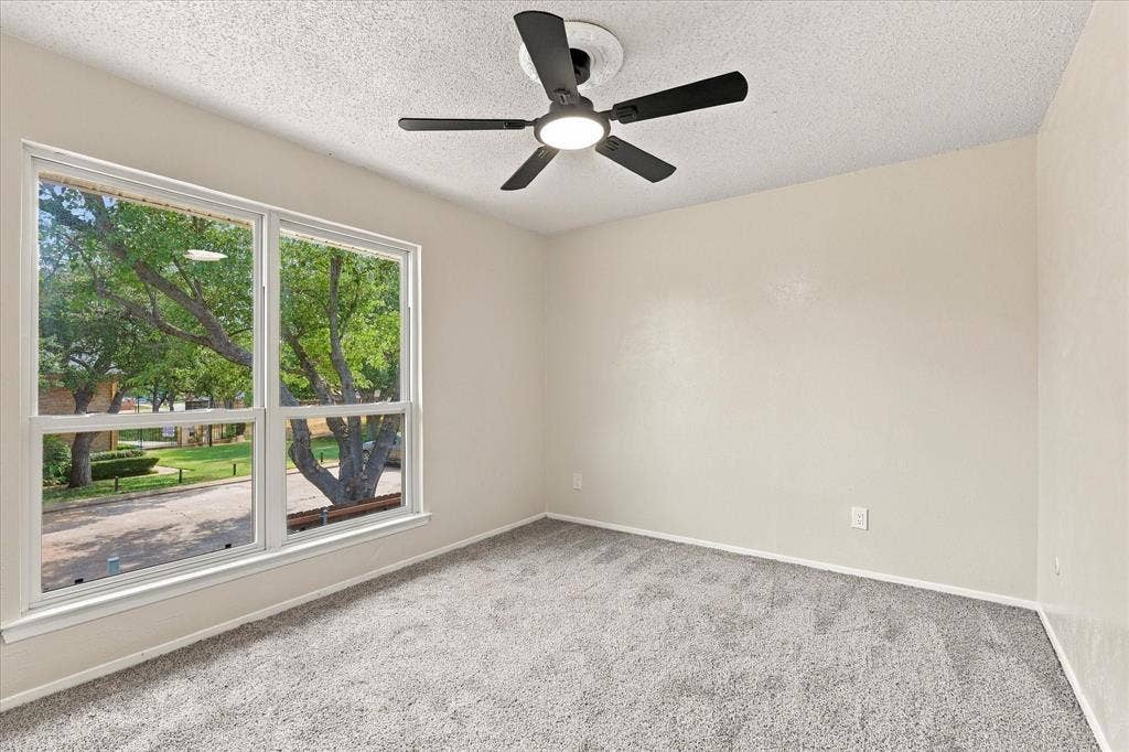 Expansive window offering natural illumination, equipped with a ceiling fan with integrated lighting, soft grey carpeting, and neutral wall tones