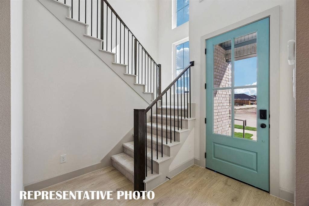 633 Taylor Parkway, Celina, TX 75009 Featuring a charming covered front porch, glass and wood entry door and dramatic stair case, our Adelaide plan offers the perfect space for you to welcome friends and family into your dream home! REPRESENTATIVE PHOTO