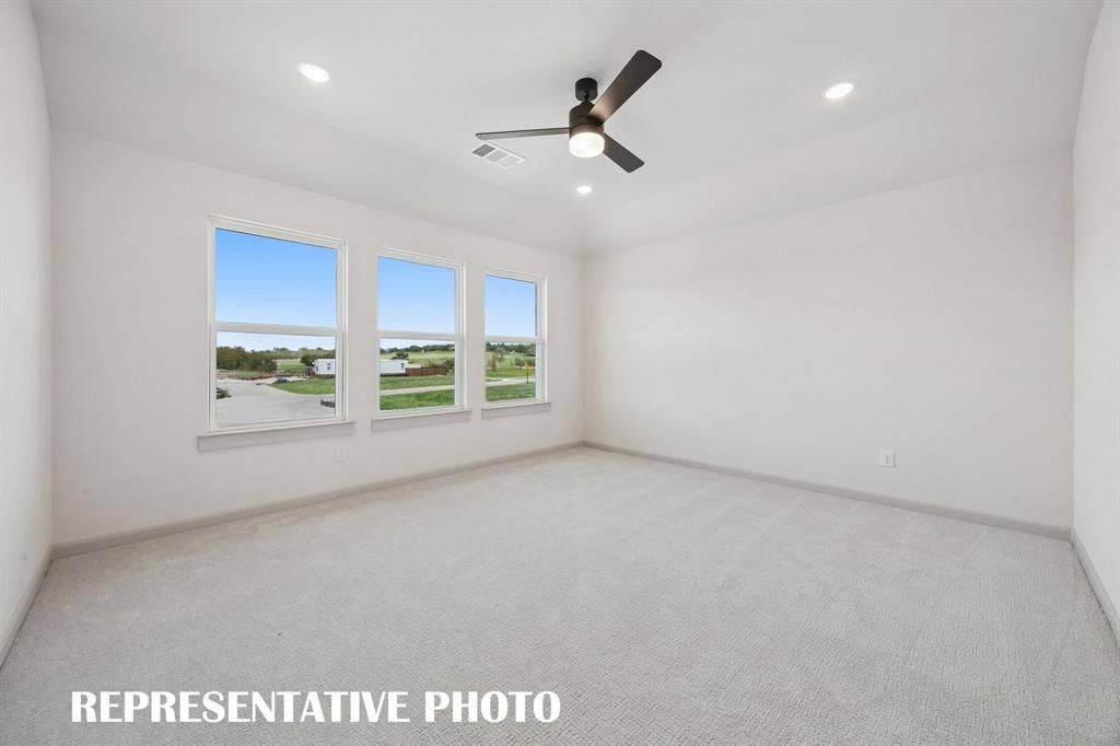 633 Taylor Parkway, Celina, TX 75009 Featuring high ceilings, a wall of windows and plush carpet, this dreamy owner's suite was designed for rest and relaxation! REPRESENTATIVE PHOTO