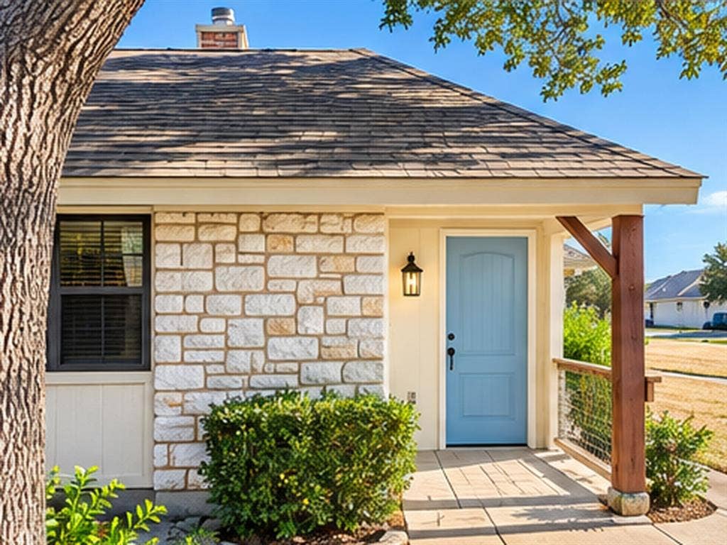 1919 American Drive, #B112, Lago Vista, TX 78645 Stone veneer exterior with an inviting light blue entry door, covered porch with wood beam support, and a paved walkway