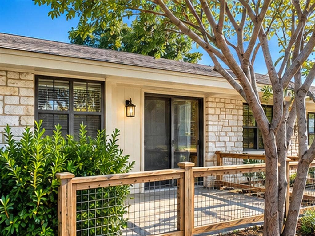 1919 American Drive, #B112, Lago Vista, TX 78645 Stone veneer exterior with wood-frame windows, a sliding glass door, and an exterior wall lantern