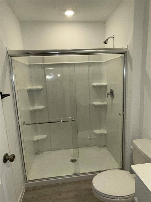 7908 Gilbert Street, McKinney, TX 75071 Shower enclosure with clear glass sliding doors and integrated shelving, featuring a chrome showerhead and faucet