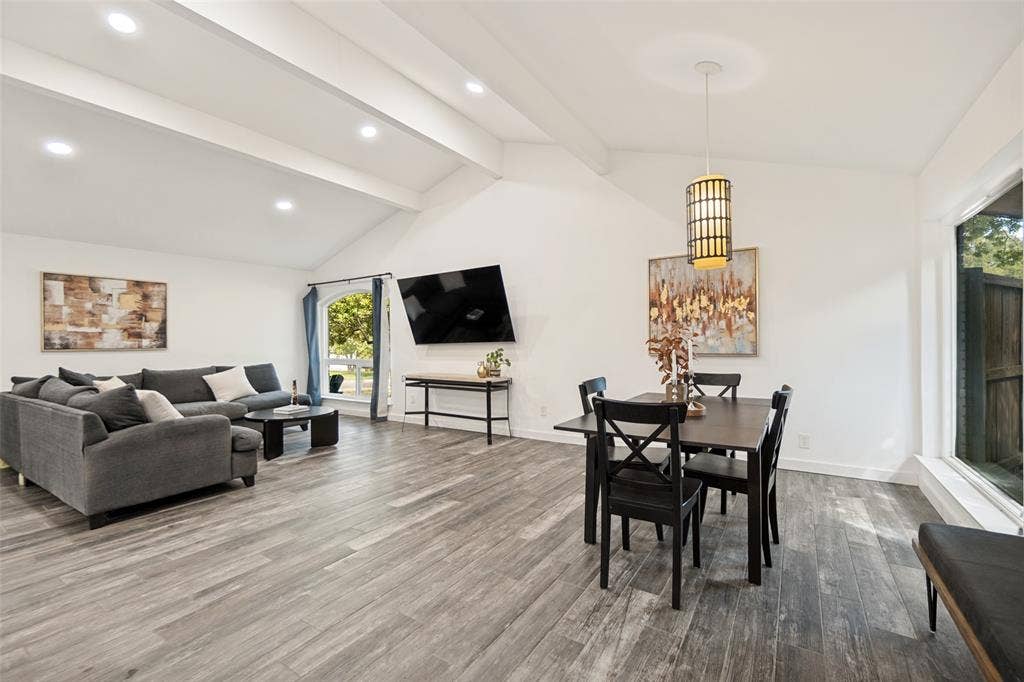9038 Flicker Lane, Dallas, TX 75238 Vaulted ceilings with exposed beams and recessed lighting