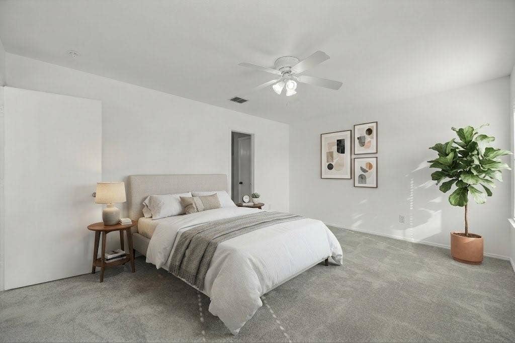 Plush carpet flooring, ceiling fan with integrated lighting, window with natural light, white wall finishes