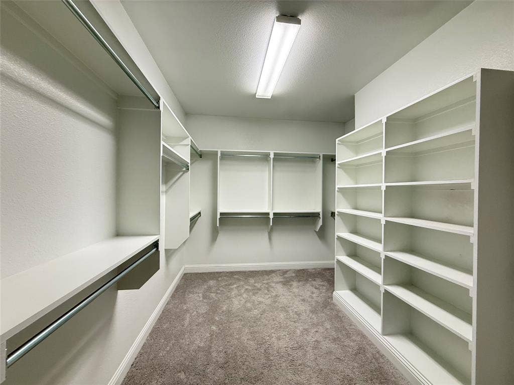 11818 Antler Drive, Frisco, TX 75035 Walk-in closet featuring carpet flooring, built-in shelving, and multiple hanging rods