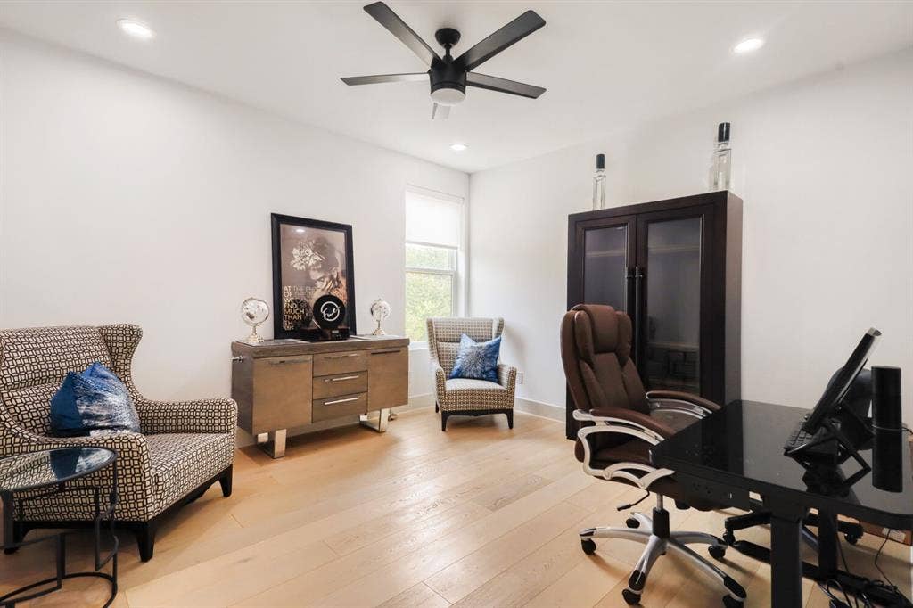 3950 Beechwood Lane, Dallas, TX 75220 Set Up as working from home office - Recessed lighting, ceiling fan, wood-finish flooring, and a window with a roller shade