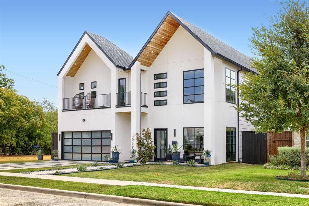 3950 Beechwood Lane, Dallas, TX 75220 Contemporary two-story residence with a prominent gabled roofline and wood-finish eaves