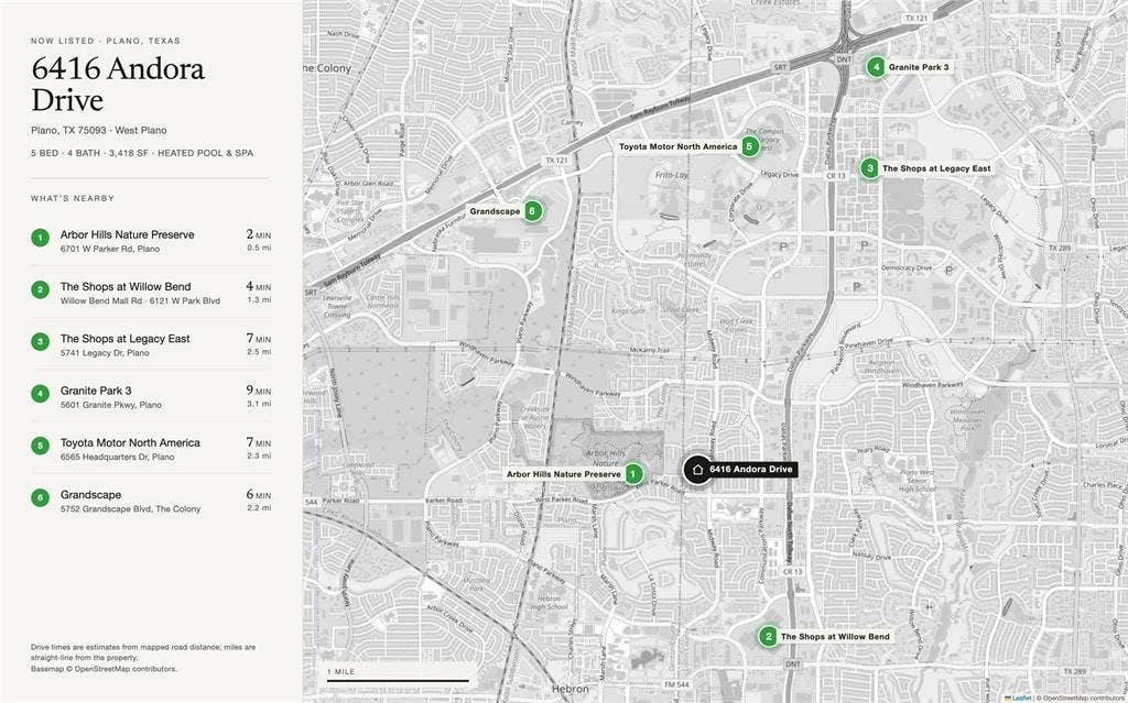 6416 Andora Drive, Plano, TX 75093 Under ten minutes to some of the best destinations in Plano: Walk to Arbor Hills Nature Preserve and a short drive to Willow Bend Mall, Shops at Legacy, Granite Park, Grandscape.
