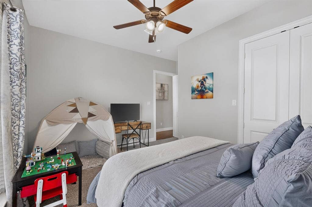 5020 Lindy Court, Midlothian, TX 76065 Recessed lighting, ceiling fan, carpet flooring, and white paneled doors