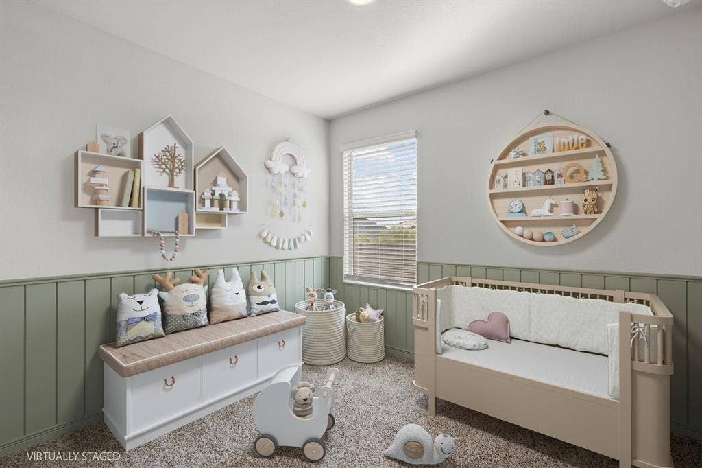 Wall paneling with a natural finish, window with horizontal blinds, built-in wall shelving, and textured carpeting (virtually staged room 3)