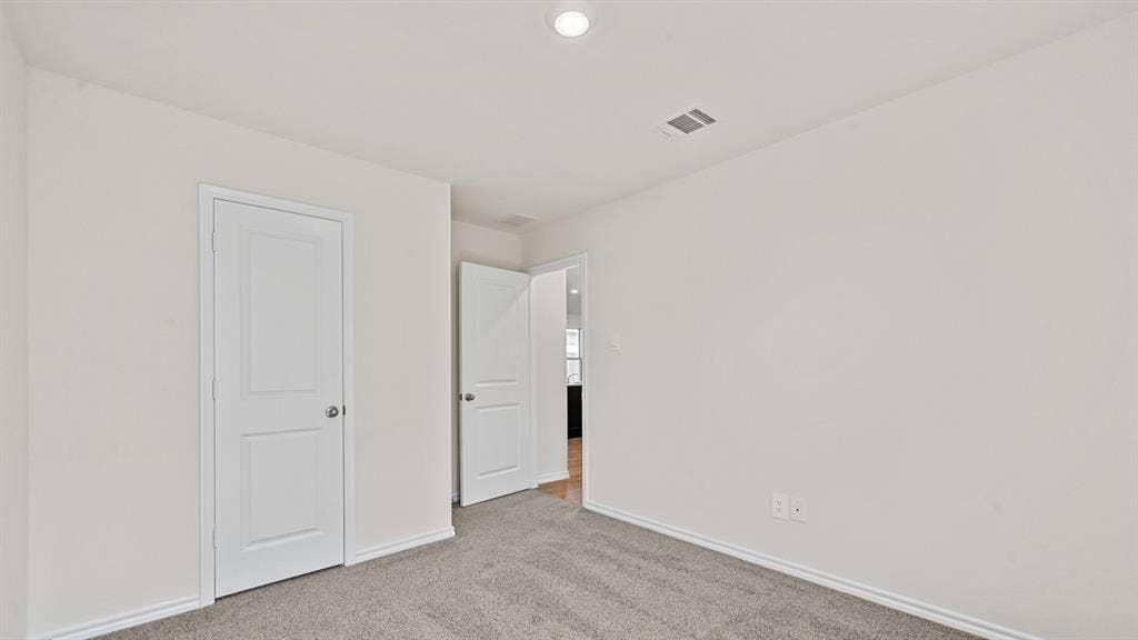Neutral wall paint, gray carpet, and white trim