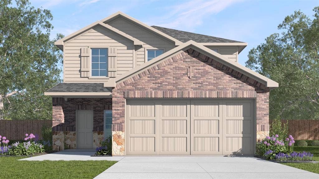 Multi-textured exterior featuring brick, stone accents, and siding