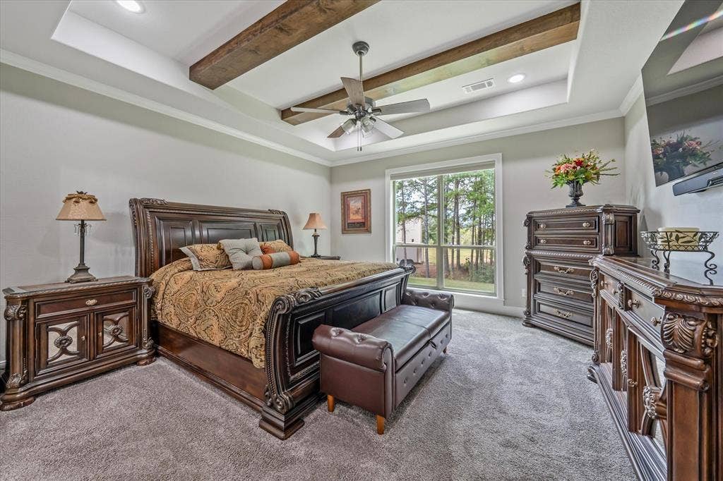 14486 Meadow Glen, Lindale, TX 75771 Tray ceiling with recessed lighting and wood-finish beams