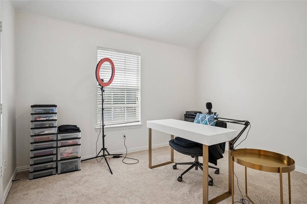 3801 Kite Meadow Drive, Plano, TX 75074 Vaulted ceiling, neutral wall paint, window with blinds, and carpeted flooring