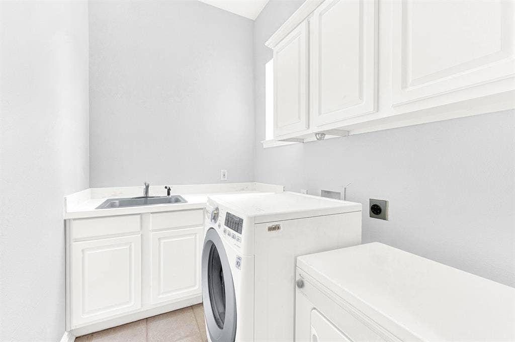 4433 Creekbend Circle, Richardson, TX 75082 Utility room features utility sink, cabinets, and counter space for folding