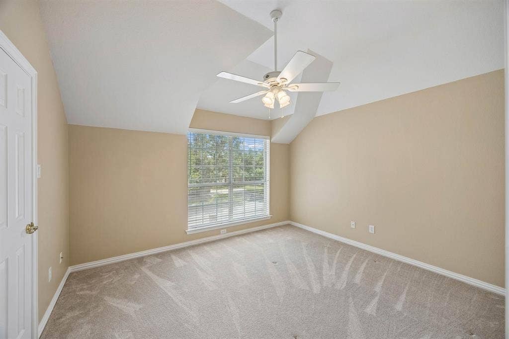 1106 Hills Creek Drive, McKinney, TX 75072 Found just off the game room, the second primary offers good storage with walk-in closet, linen closet, additional shelved storage closet and an en suite bathroom. Features also include carpet and ceiling fan.