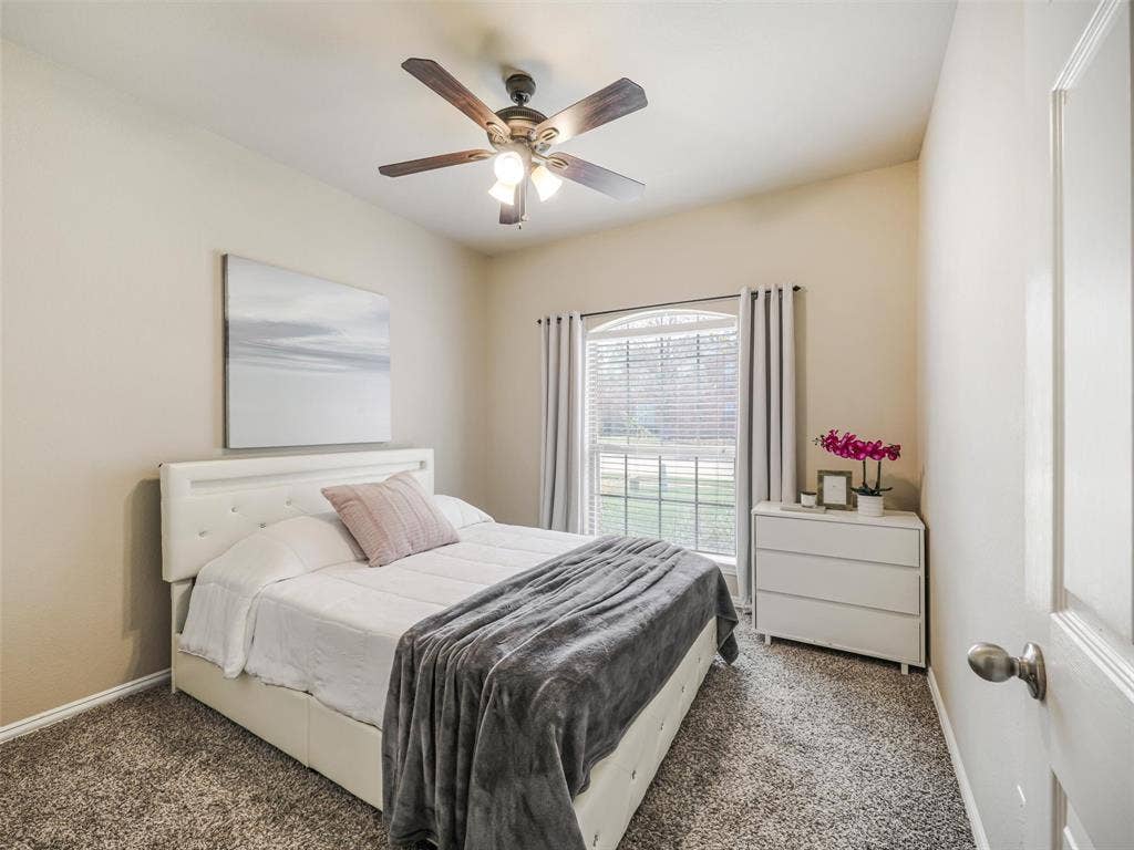 8374 Cain River Drive, Frisco, TX 75035 Light-filled secondary bedroom with soft neutral walls, carpeting, and a ceiling fan.