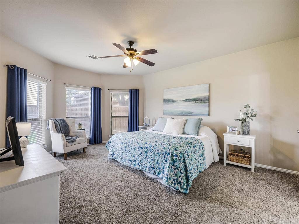 8374 Cain River Drive, Frisco, TX 75035 Spacious primary bedroom offers abundant natural light, a ceiling fan, and room for a comfortable reading nook.
