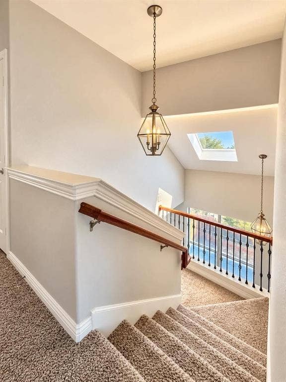 Carpeted staircase with a wood handrail, wrought iron balusters, and a skylight