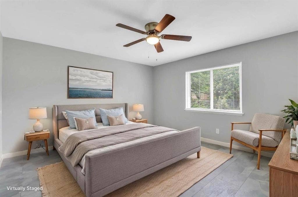 1509 California Trail, Grand Prairie, TX 75052 Room featuring light gray wall paint, gray tile flooring, a single window, and a ceiling fan with integrated lighting