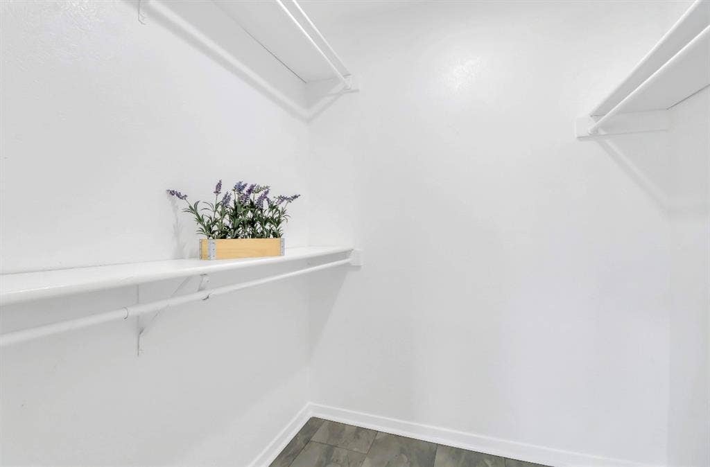 1509 California Trail, Grand Prairie, TX 75052 Spacious closet featuring white painted walls, white shelving, white hanging rods, and wood-finish flooring