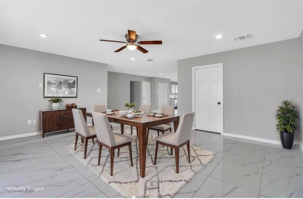 1509 California Trail, Grand Prairie, TX 75052 Spacious dining area featuring large format tile flooring, a contemporary ceiling fan, recessed lighting, and light grey wall tones