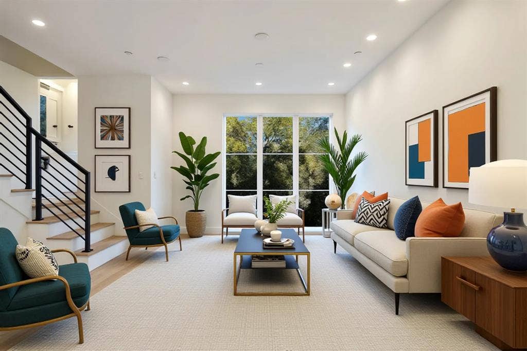 4811 Denton Drive, #201, Dallas, TX 75219 Expansive windows, light wood-finish flooring, recessed lighting, and a modern staircase with black metal railings