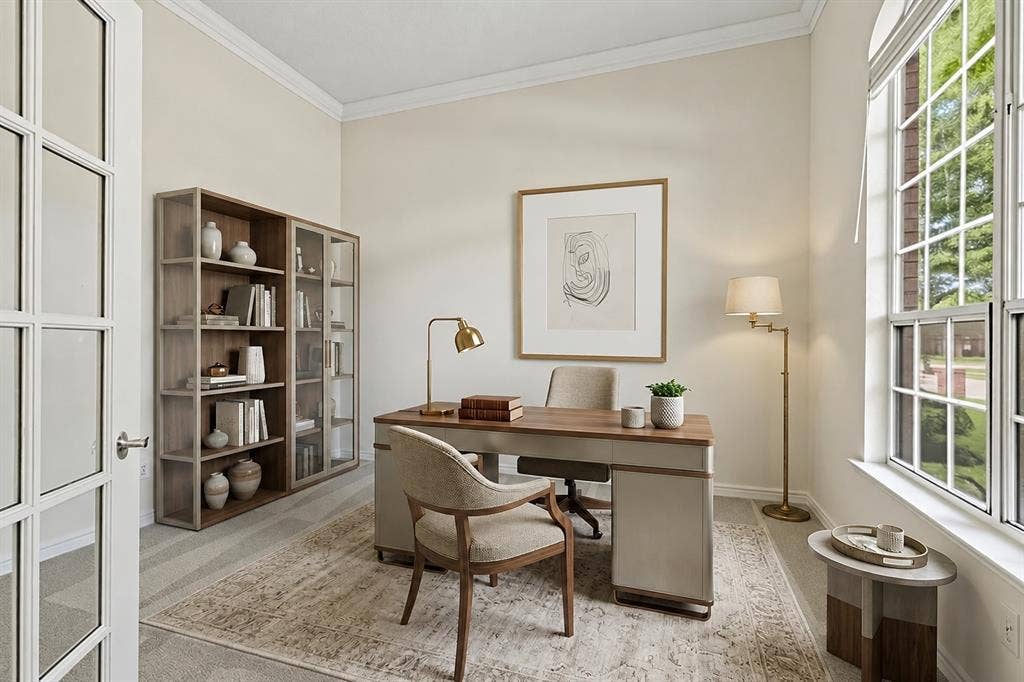 8121 Skyridge Drive, Plano, TX 75025 Dedicated home office on the first floor offers a private, light-filled workspace separate from the main living areas. *Virtually Staged*