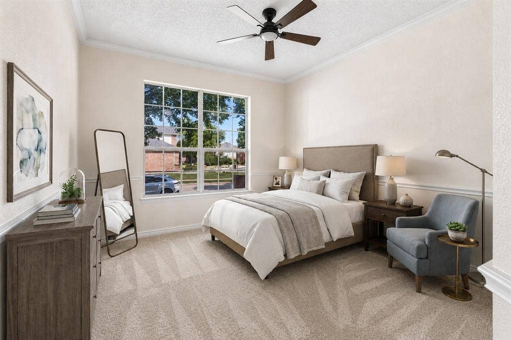 8121 Skyridge Drive, Plano, TX 75025 Second bedroom on the first floor provides a flexible space for guests, with a full bath nearby. *Virtually Staged*