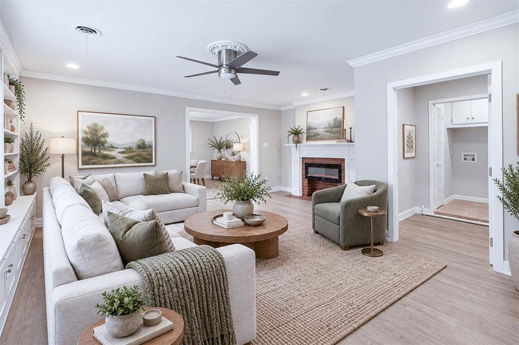1312 E Mitchell Street, Arlington, TX 76010 Recessed lighting, crown molding, wood-finish flooring, built-in shelving, and a ceiling fan