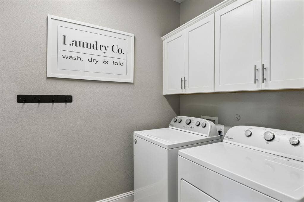 3707 Roth Drive, McKinney, TX 75071 Beautifully designed laundry room offers abundant custom cabinetry, generous storage, classic white finishes, and a practical layout surrounding the washer and dryer.