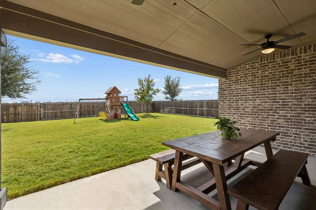 3707 Roth Drive, McKinney, TX 75071 Expansive covered patio extends the home's living space outdoors, offering a generous area for dining, entertaining, and relaxing while overlooking the beautifully maintained backyard. A ceiling fan and substantial covered roofline provide added comfort for year-round outdoor enjoyment.