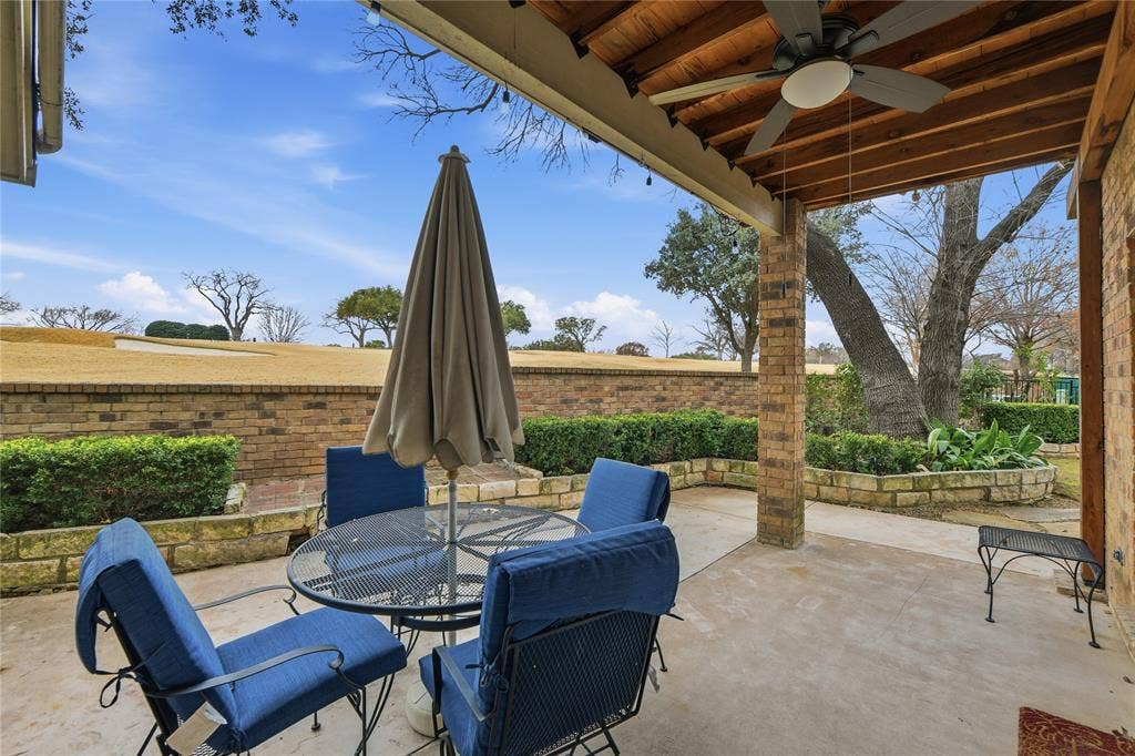 4424 Westridge Avenue, Fort Worth, TX 76116 Covered patio with a wood plank ceiling and a ceiling fan