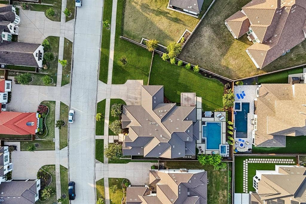 7342 Shoestring Drive, Frisco, TX 75036 Bird's-eye view highlights the incredible backyard layout and spacious side yard with room to play and entertain.