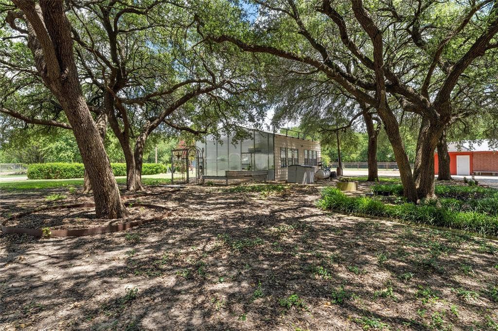 2029 Speegleville Road, Woodway, TX 76712 Mature trees providing extensive shade, a well-defined garden bed with low-lying greenery, a glass-paneled structure, and a red-toned building with a white door