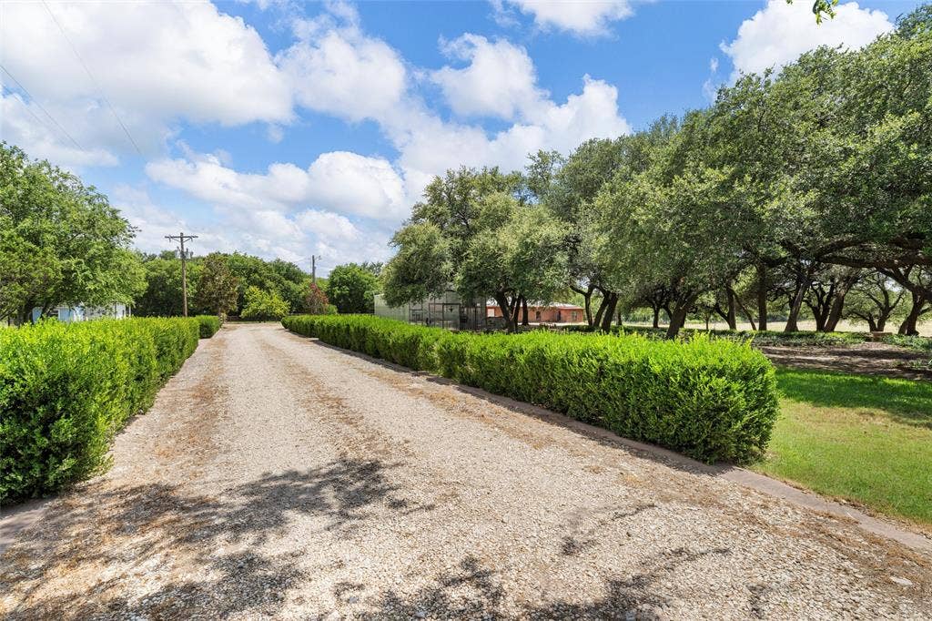 2029 Speegleville Road, Woodway, TX 76712 Gravel driveway flanked by manicured shrubbery, expansive lawn, and mature trees